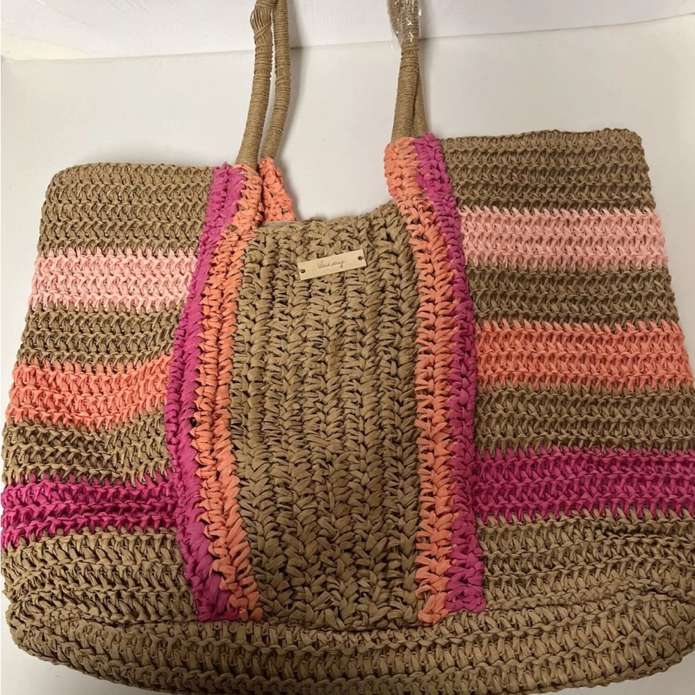 Vacay Pink and Orange Woven Tote Bag with Spacious Design